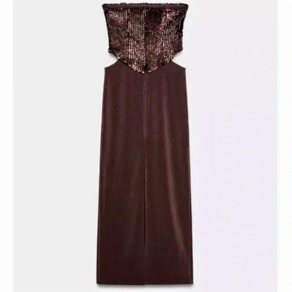 Zara sequin embellished brown Strapless cut out modern fit midi Dress size small - Picture 16 of 16